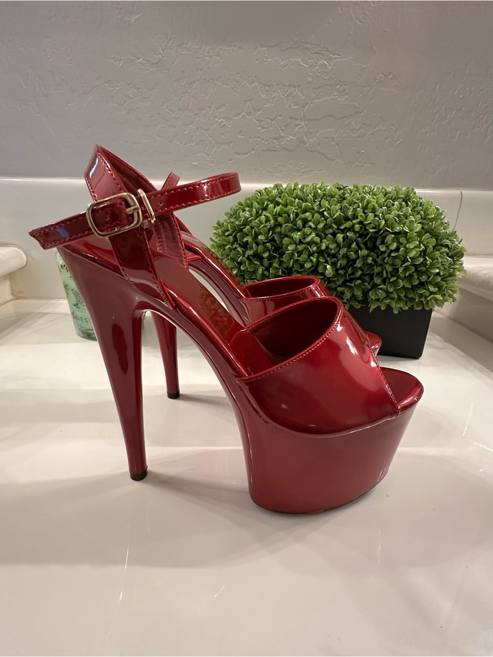 Red Patent Platform Ankle-Strap Heels